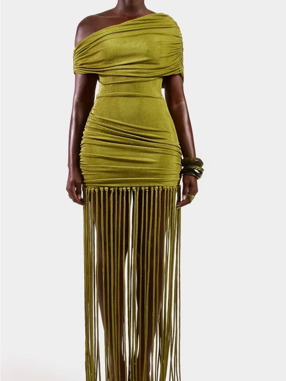 BBX Brand Off-Shoulder Olive Green Fringe Ruched Mini Dress